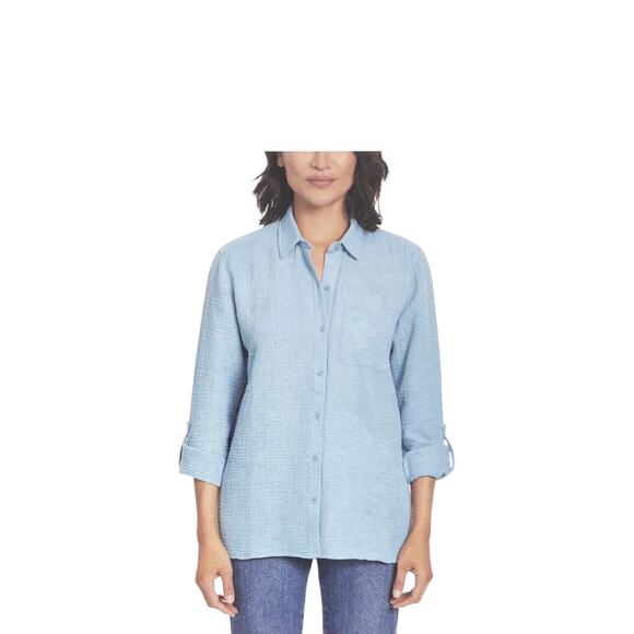 Anne Klein Gauze Shirt Button Front XL Dusty Blue Longsleeve Roll Tab - Picture 1 of 10